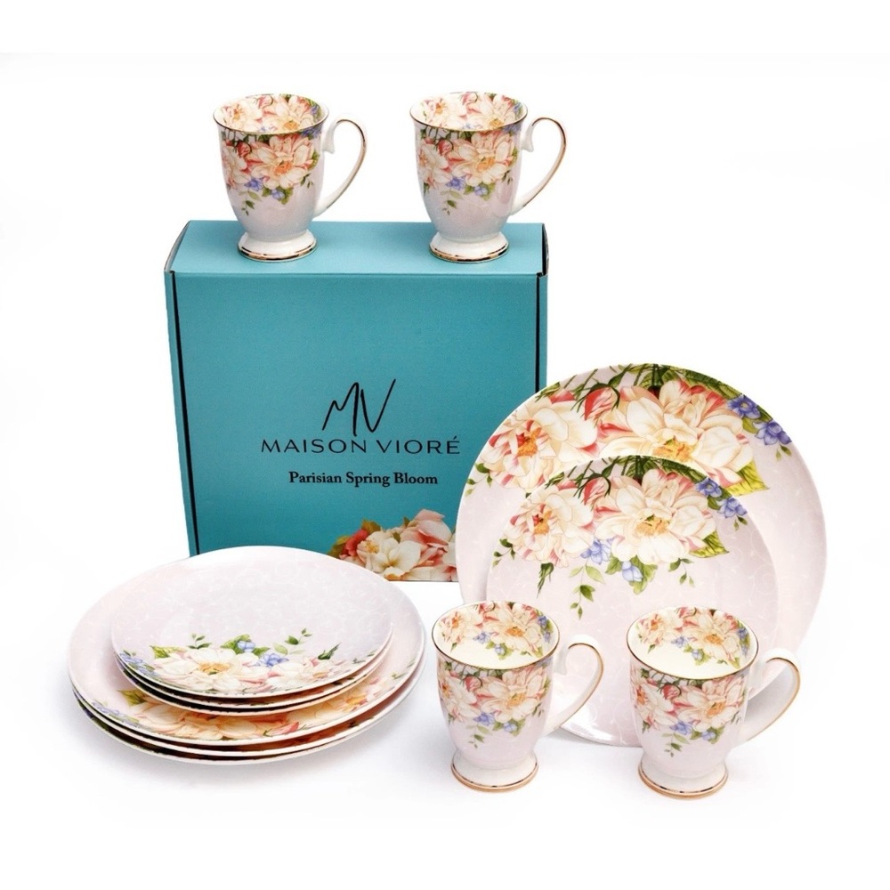 Parisian Spring Bloom 12-Piece Floral Dinnerware Set - White with Pastel Floral